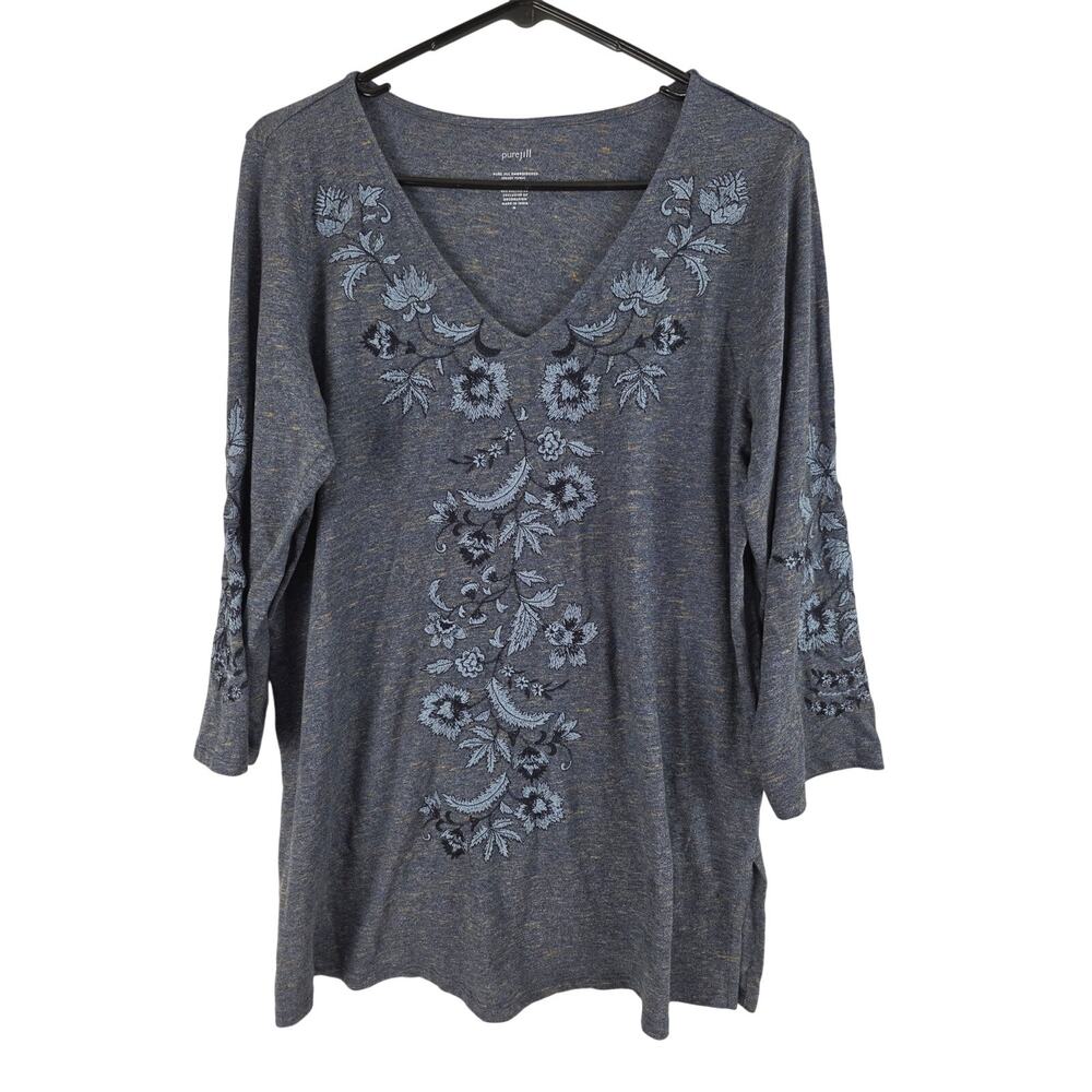 Pure Jill Embroidered Jersey Tunic Top M Womens Blue‎ V Neck Cottage Core